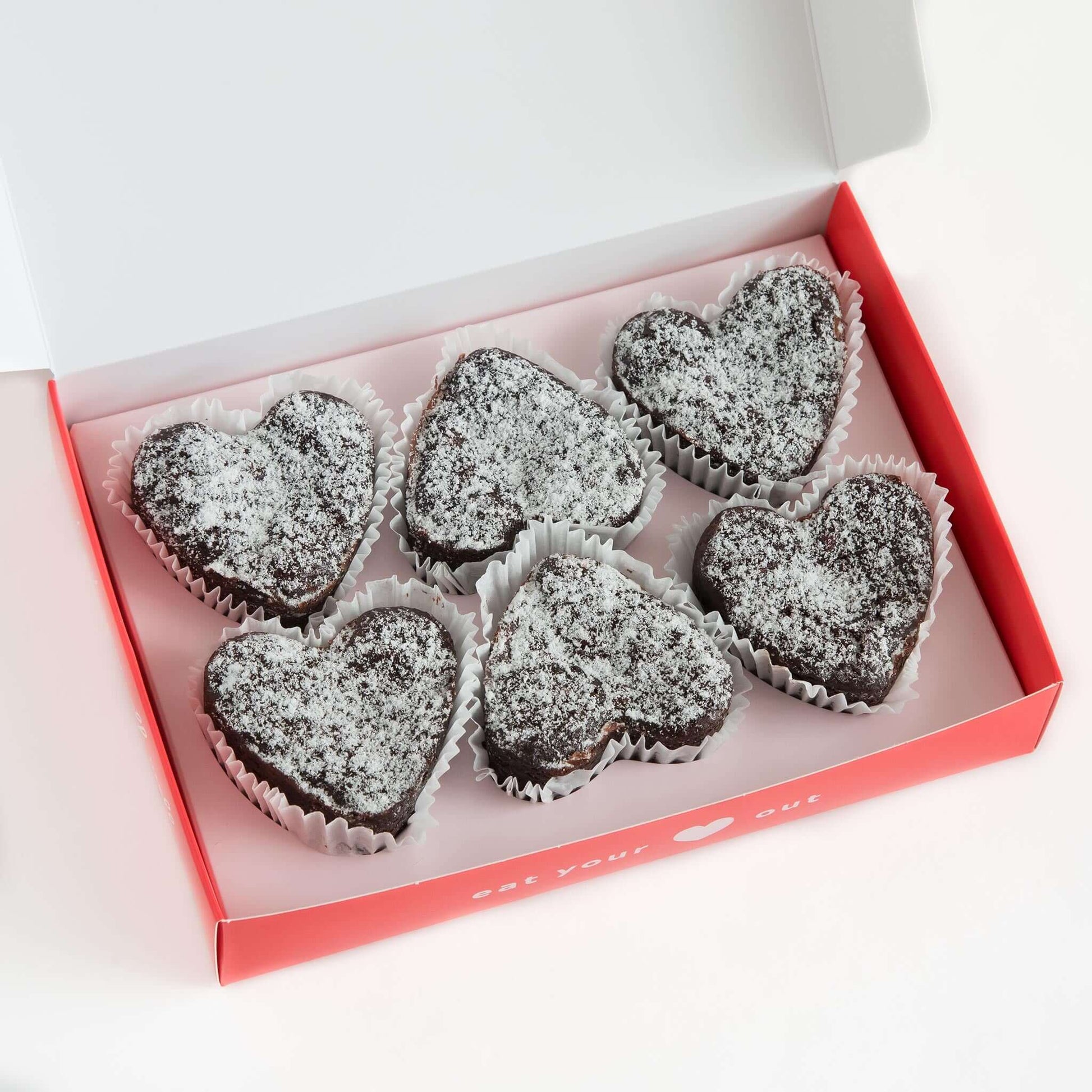 Box of 6 gluten-free mixed flavour chocolate heart-shaped brownies, suitable for same-day delivery in Brisbane and Australia wide delivery.