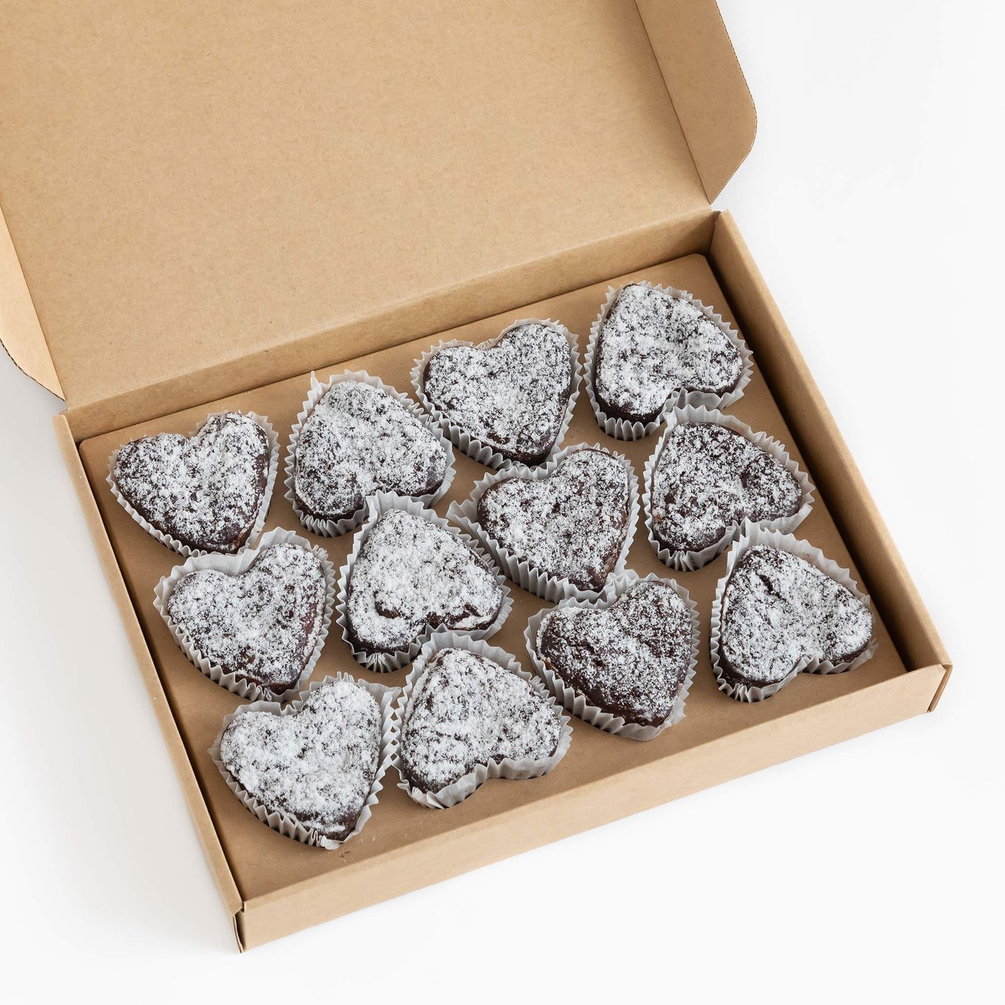 Box of 12 gluten-free mixed flavour chocolate heart-shaped brownies, suitable for same-day delivery in Brisbane and Australia wide delivery.