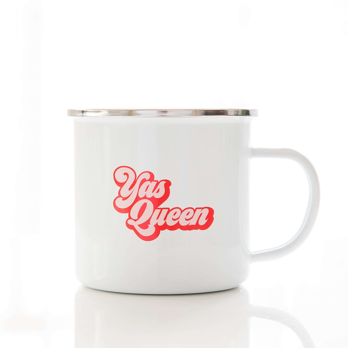 White enamel mug with 'Yas Queen' printed on it in pink and red bubble style writing