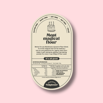 A packaging label showing the ingredients for Most Magical Gluten Free Flour